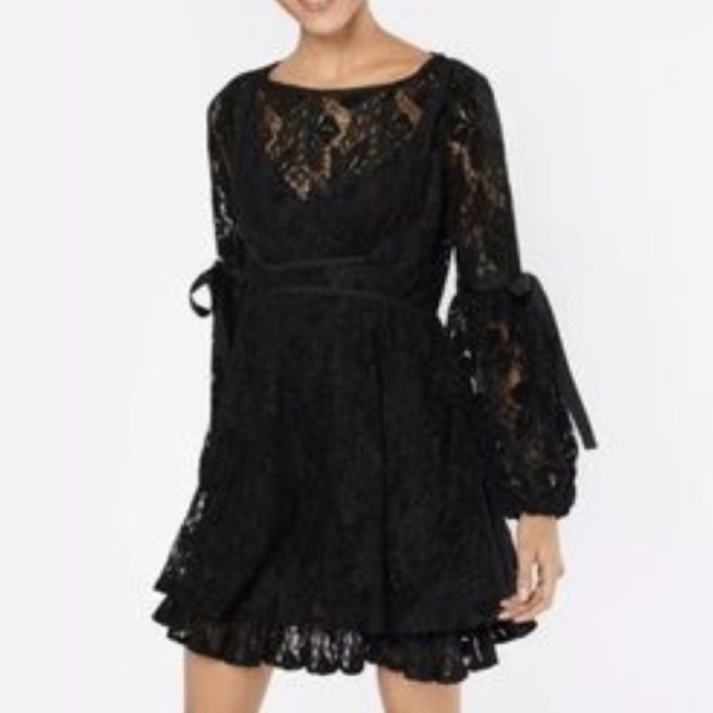 Free People Ruby Dress Black Lace Long Balloon Sleeve Bows Sheer Size S